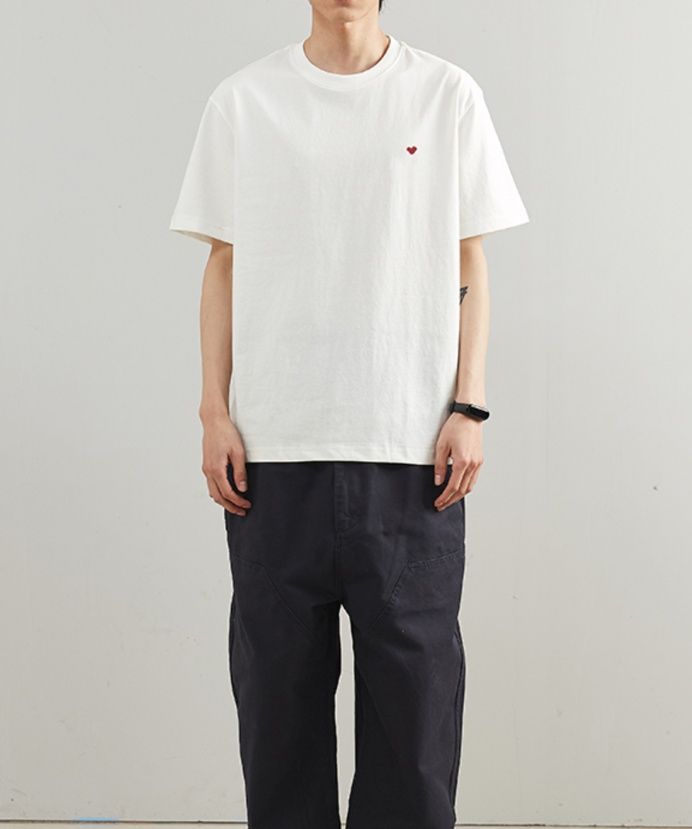 白Tシャツ メンズ ハート刺繍入り半袖純綿天竺