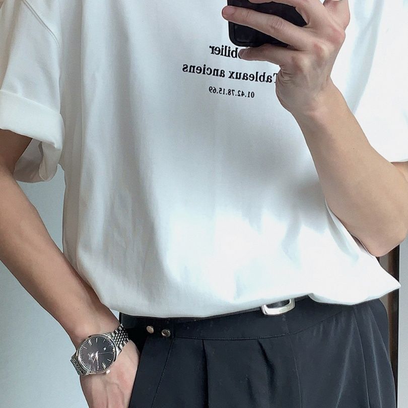 白Tシャツ メンズ シンプル文字入り半袖カットソー