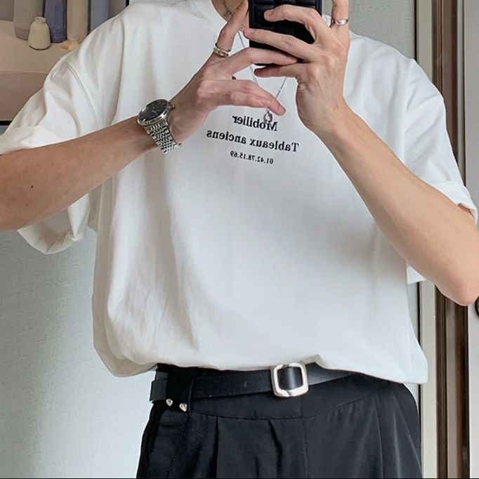 白Tシャツ メンズ シンプル文字入り半袖カットソー