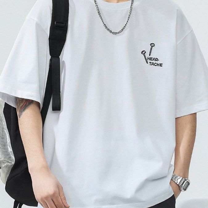 白Tシャツ メンズ  釘デザイン刺繍ゆったり半袖