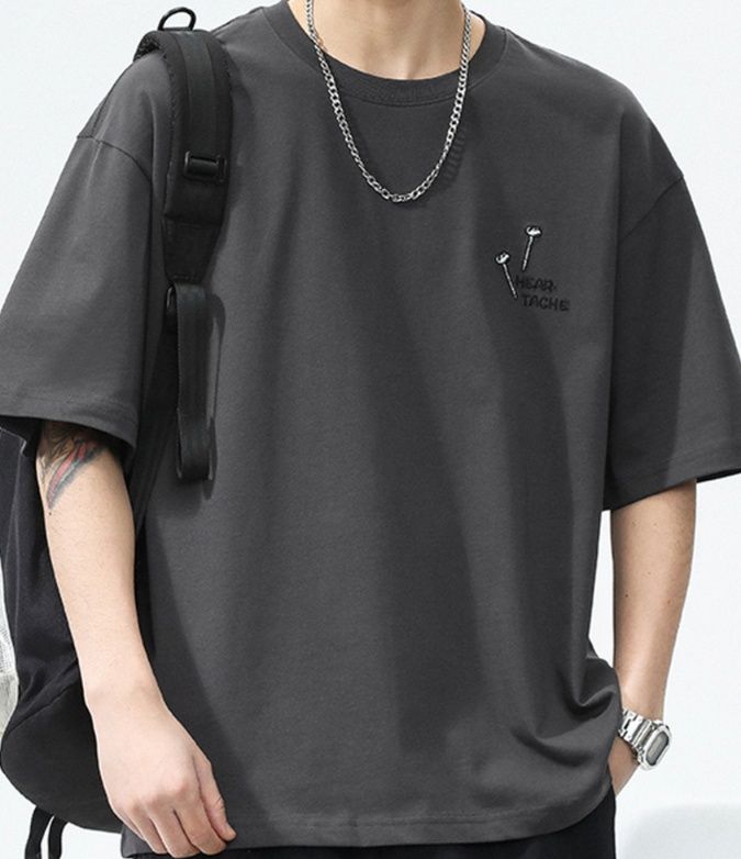 白Tシャツ メンズ  釘デザイン刺繍ゆったり半袖