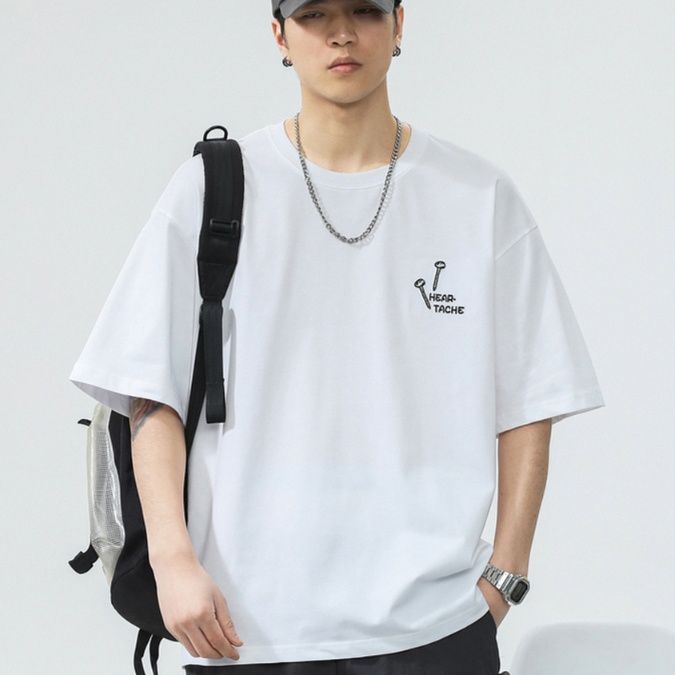白Tシャツ メンズ  釘デザイン刺繍ゆったり半袖