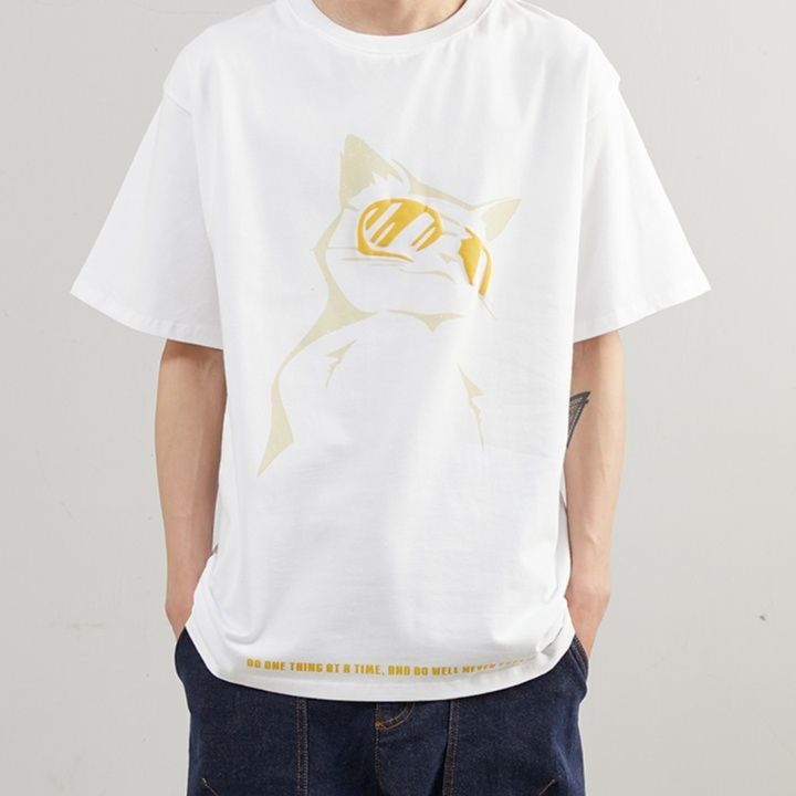白Tシャツ メンズ おしゃれ猫サングラスプリント半袖