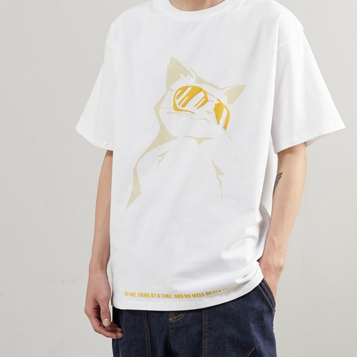 白Tシャツ メンズ おしゃれ猫サングラスプリント半袖