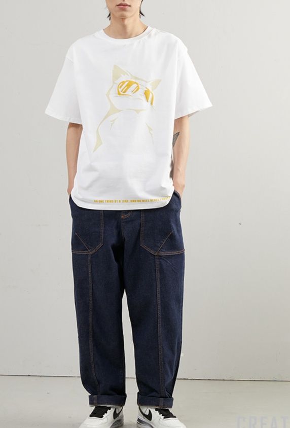 白Tシャツ メンズ おしゃれ猫サングラスプリント半袖