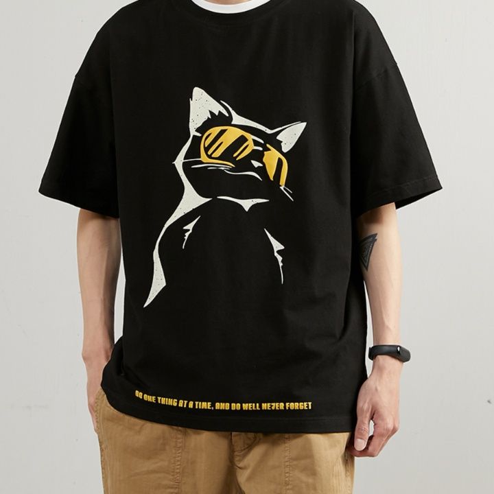 白Tシャツ メンズ おしゃれ猫サングラスプリント半袖