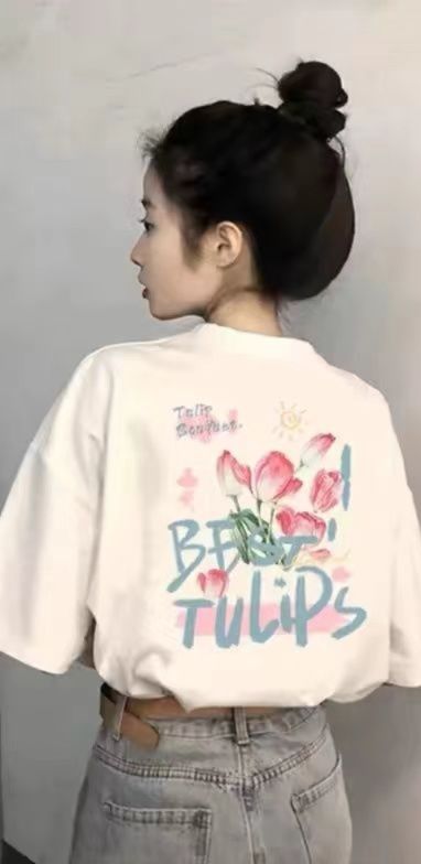 白Tシャツ レディース 季節の彩りプリント半袖シャツ