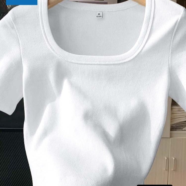 白Tシャツ リブ編み角型ネック半袖カットソー