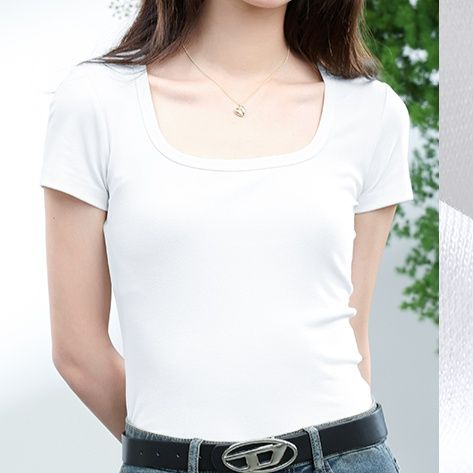 白Tシャツ リブ編み角型ネック半袖カットソー
