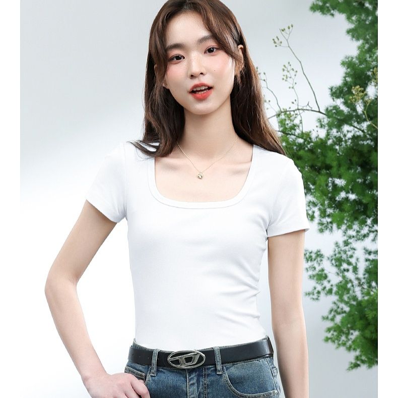 白Tシャツ リブ編み角型ネック半袖カットソー