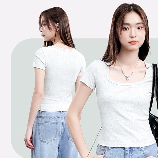 白Tシャツ リブ編み角型ネック半袖カットソー
