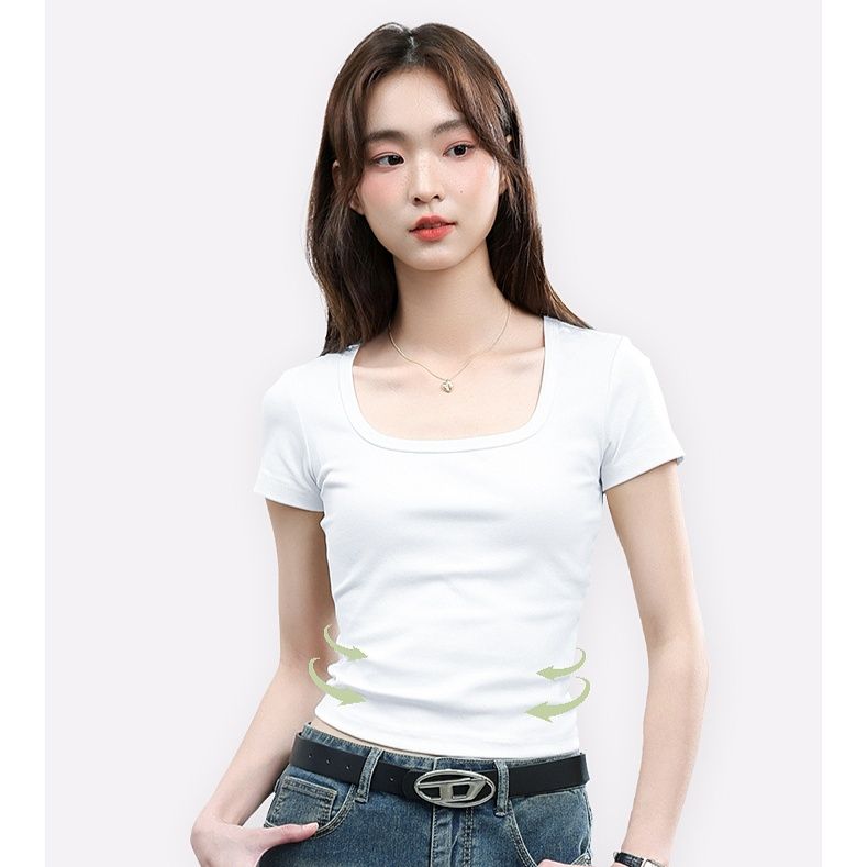 白Tシャツ リブ編み角型ネック半袖カットソー
