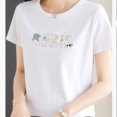 白Tシャツ 花柄レタリング装飾丸首半袖シャツ