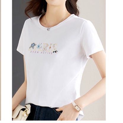 白Tシャツ 花柄レタリング装飾丸首半袖シャツ