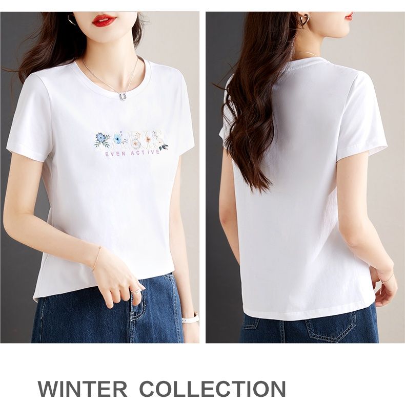 白Tシャツ 花柄レタリング装飾丸首半袖シャツ