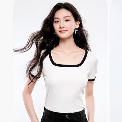 白Tシャツ スクエアネック リブ編み トップス