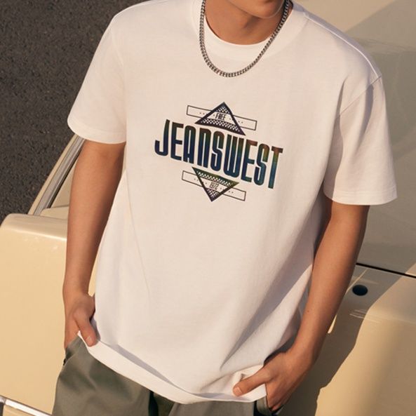 白Tシャツ スタイリッシュ幾何学模様プリント半袖