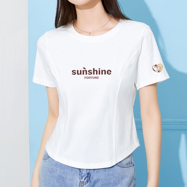 白Tシャツ シンプル収腰ロゴ入り半袖Tシャツ