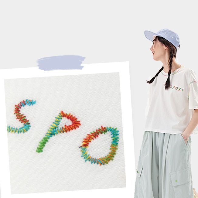白Tシャツ 虹色ステッチ装飾クルーネック半袖