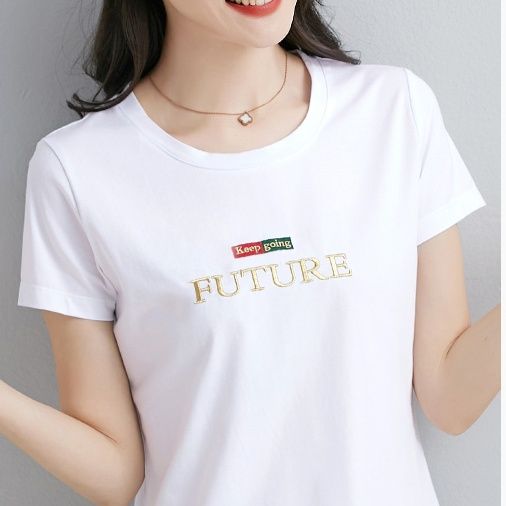 白Tシャツ 未来へ続く刺繍入り丸首半袖