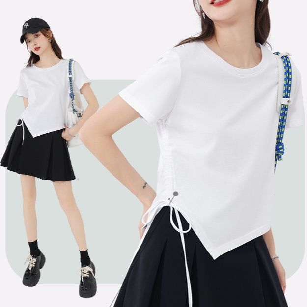 白Tシャツ サイドリボン 非対称裾デザイン Tシャツ