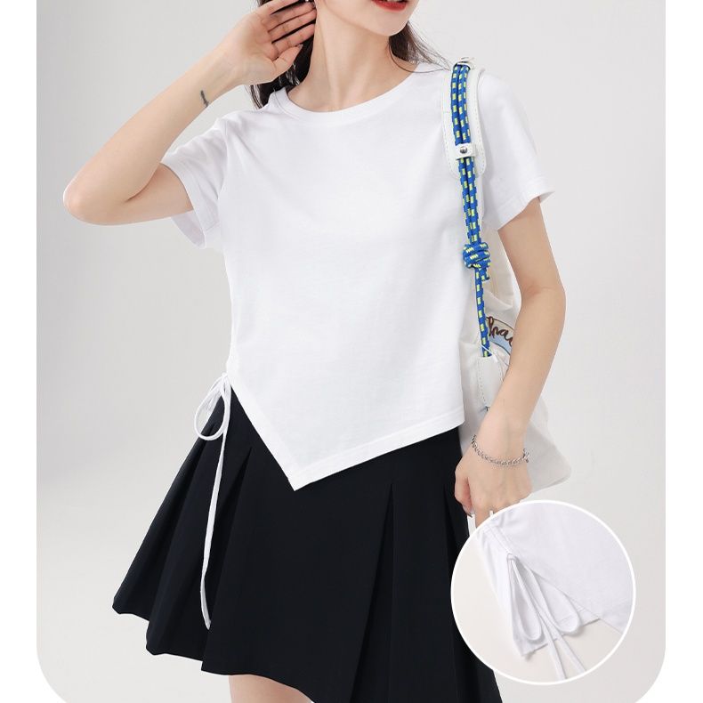 白Tシャツ サイドリボン 非対称裾デザイン Tシャツ