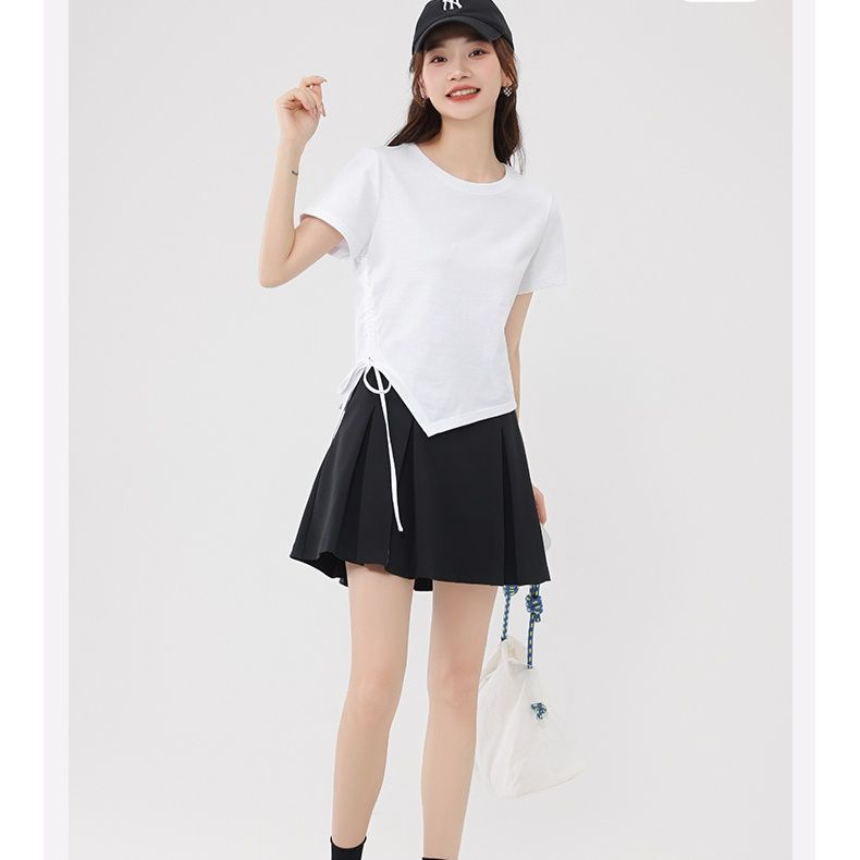 白Tシャツ サイドリボン 非対称裾デザイン Tシャツ