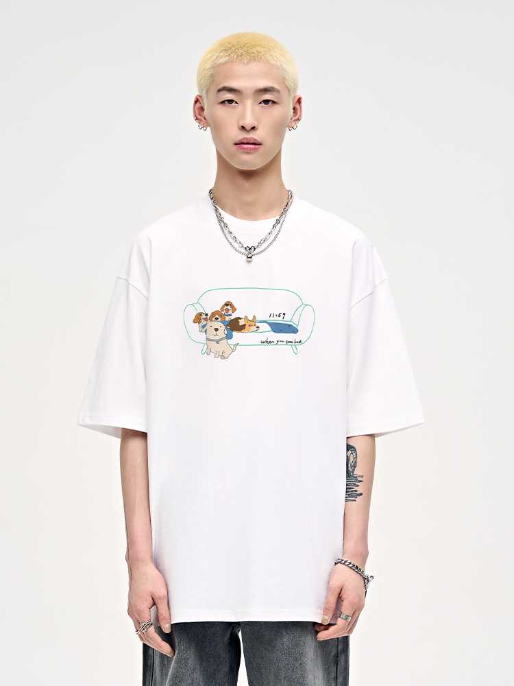 白Tシャツ メンズ くつろぐわんこイラスト半袖