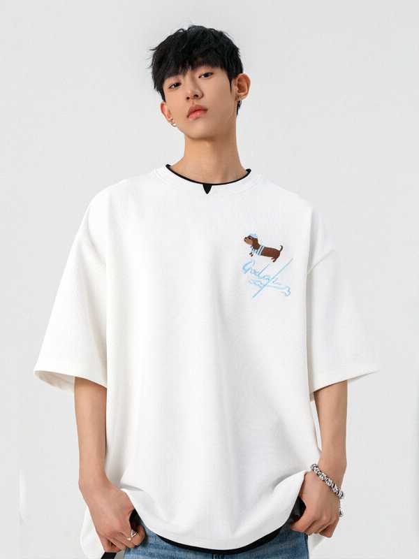 白Tシャツ メンズ わんこ刺繍入りゆったり半袖カットソー