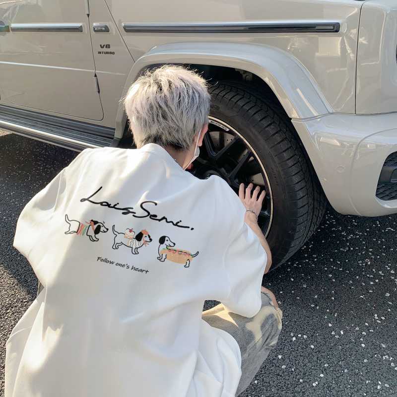 白Tシャツ メンズ 心のお供 いぬ仲間イラスト入り半袖