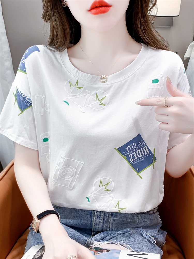 白Tシャツ レディース モダン柄プリントゆったり半袖