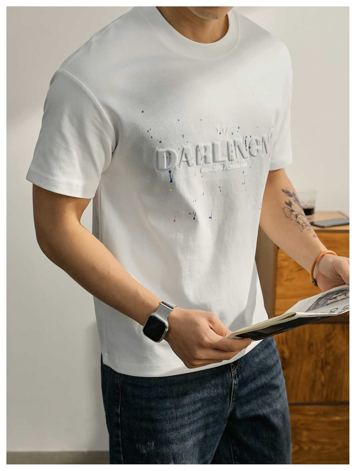 白Tシャツ メンズ 立体刺繍入り 飛沫模様カジュアル半袖