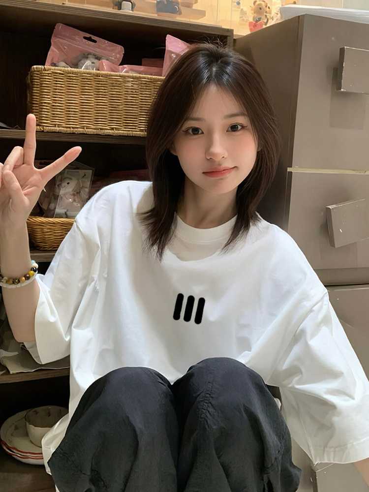 白Tシャツ レディース 三本線モチーフゆったり長袖