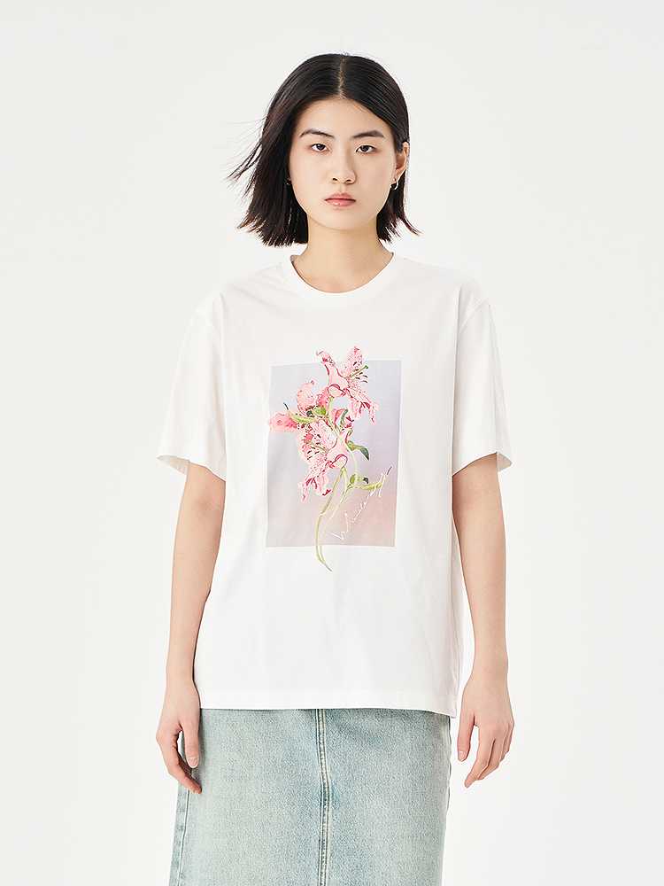 白Tシャツ レディース 優美な花柄プリント半袖