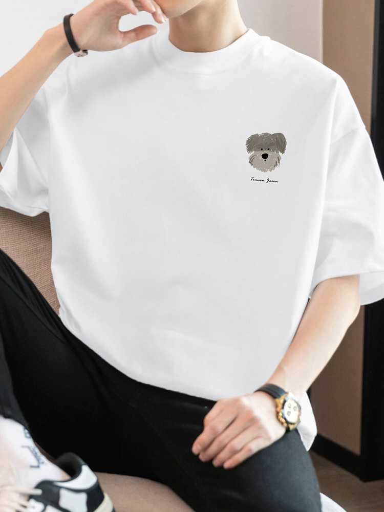 白Tシャツ メンズ 子犬刺繍入りゆったり半袖