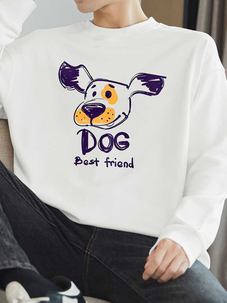 白Tシャツ メンズ わんこ仲間プリント長袖トレーナー