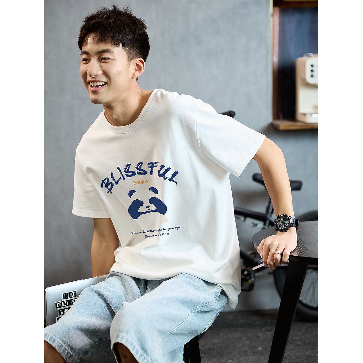 白Tシャツ メンズ 幸せパンダ イラスト半袖シャツ