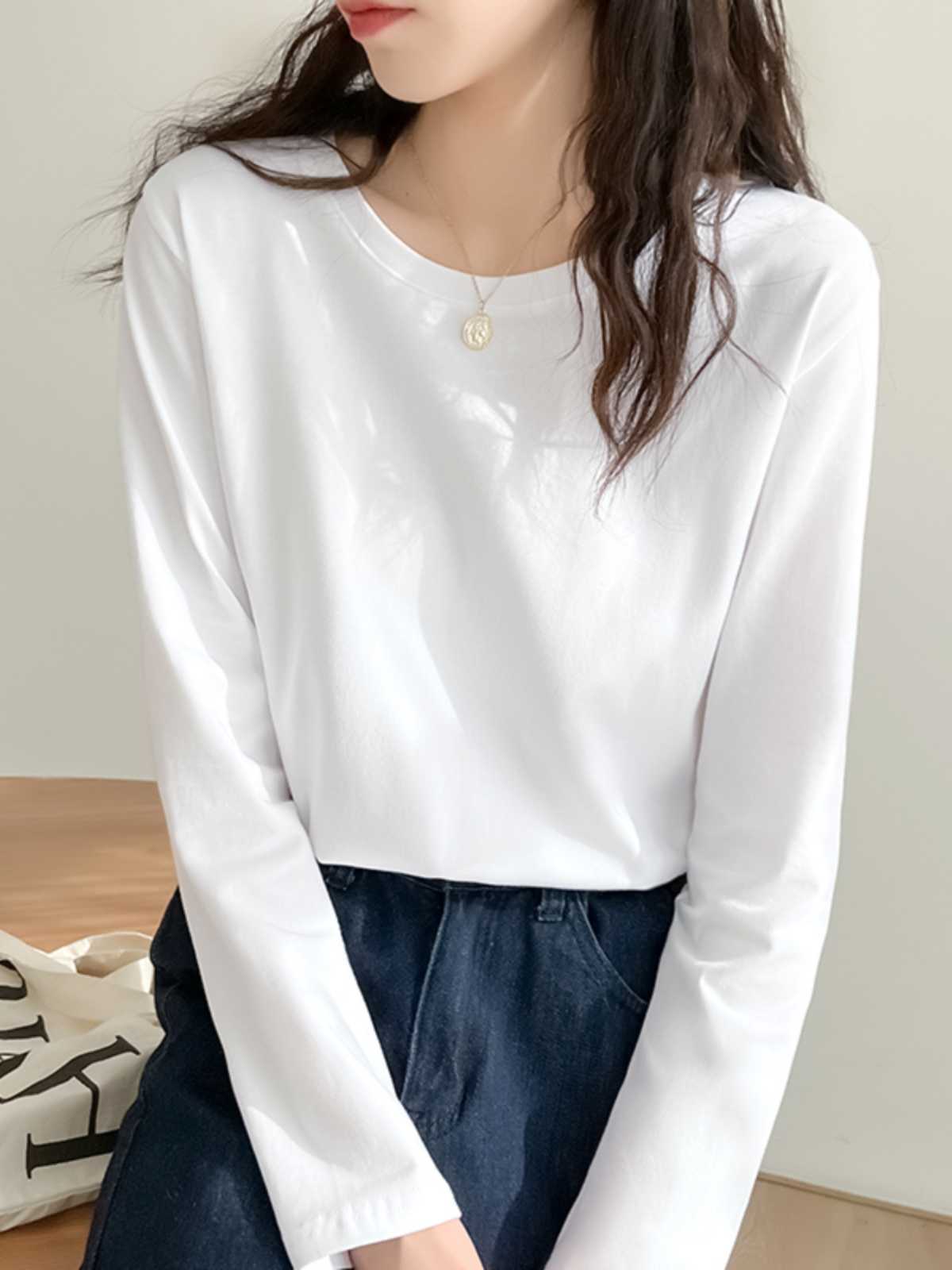 白Tシャツ レディース なめらか長袖クルーネックカットソー