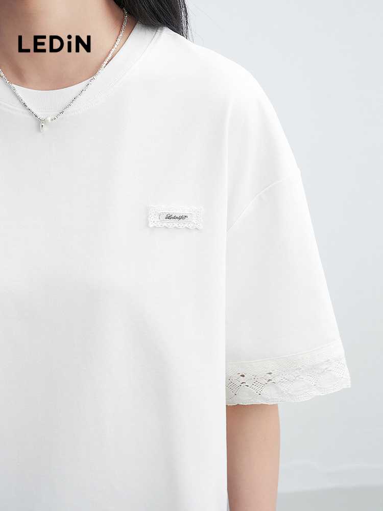 白Tシャツ レース飾り付きゆったり半袖カットソー