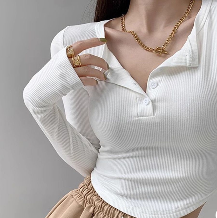 白Tシャツ レディース長袖ボタン付きリブトップス