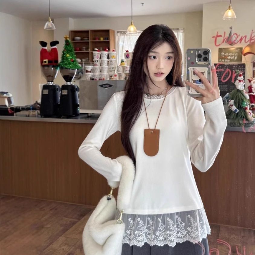白Tシャツ レディース裾レース切替長袖カットソートップス