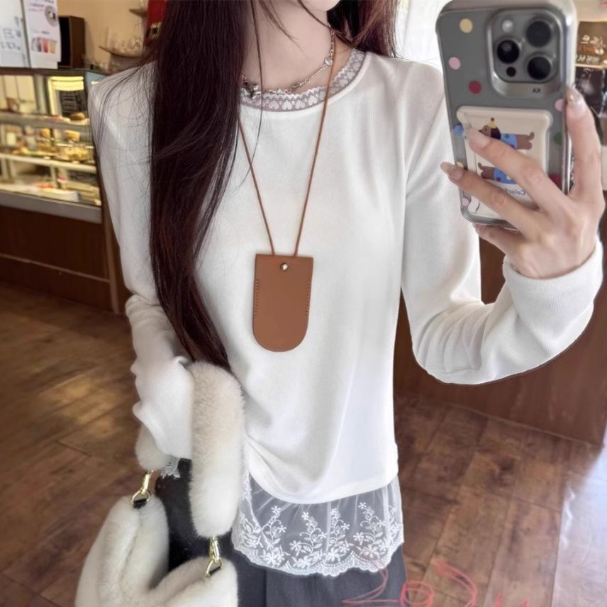 白Tシャツ レディース裾レース切替長袖カットソートップス