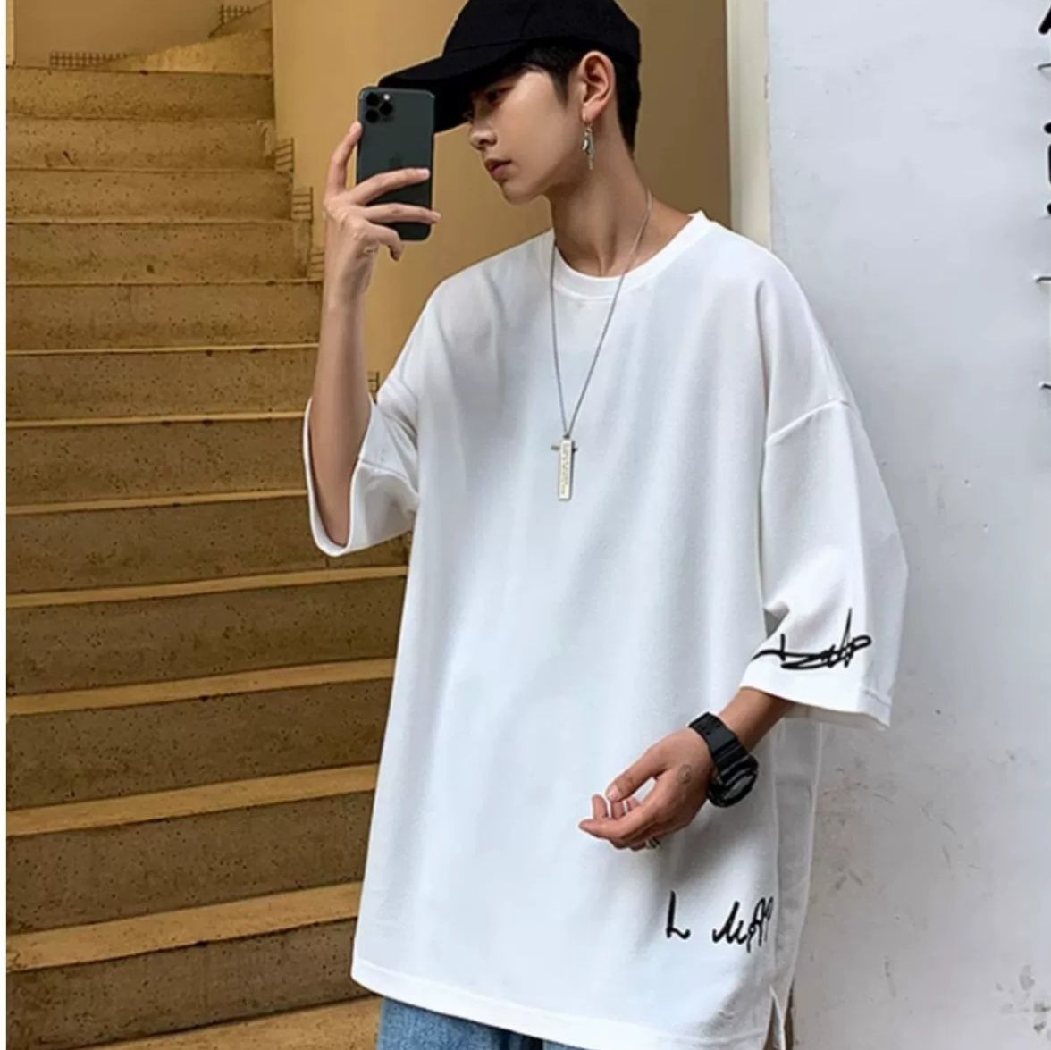 白Tシャツメンズ ワンポイント刺繍入りオーバーサイズ七分袖Tシャツ