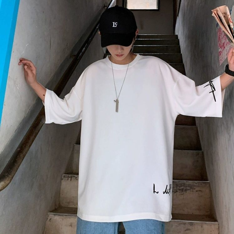 白Tシャツメンズ ワンポイント刺繍入りオーバーサイズ七分袖Tシャツ