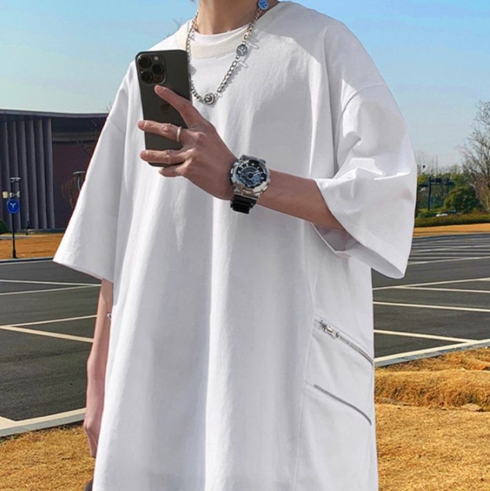 白Tシャツメンズ ジッパーポケット付きゆったりオーバーサイズ半袖丸首無地カットソー