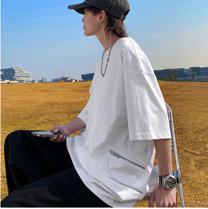 白Tシャツメンズ ジッパーポケット付きゆったりオーバーサイズ半袖丸首無地カットソー