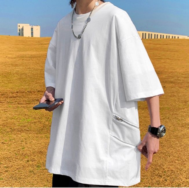 白Tシャツメンズ ジッパーポケット付きゆったりオーバーサイズ半袖丸首無地カットソー