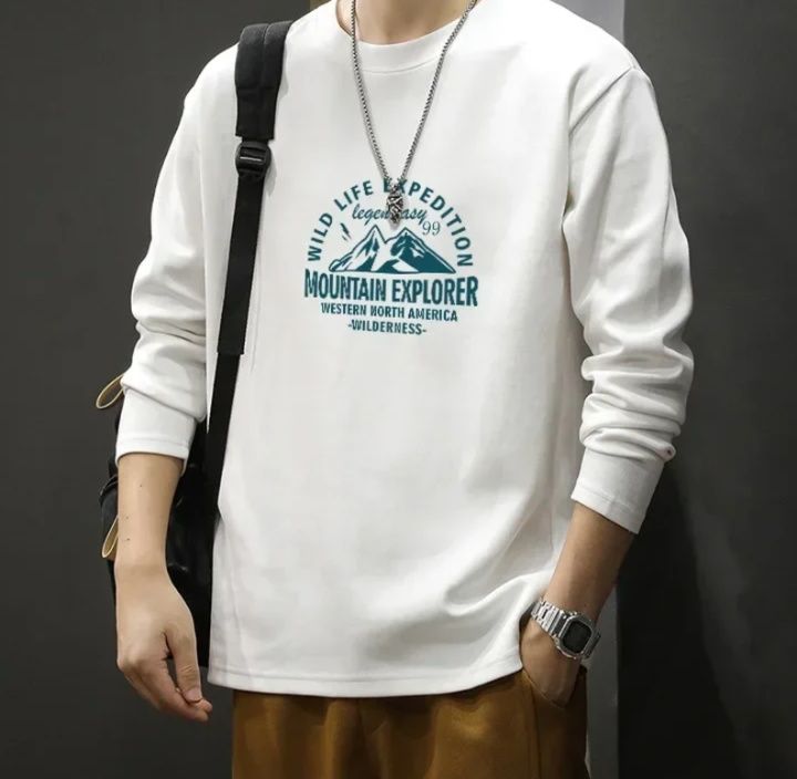 白Tシャツ 山岳プリント 長袖 丸首カットソー メンズ
