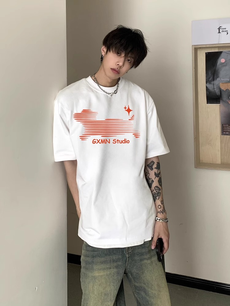 白Tシャツ メンズ 星光流線 ゆったりカットソー