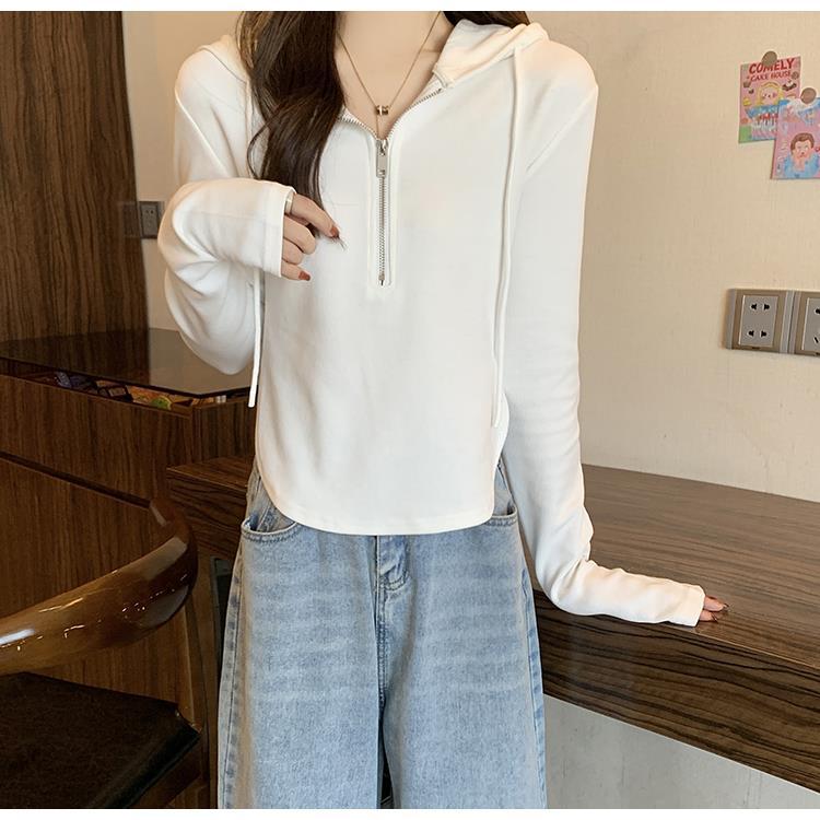 白Tシャツレディース ジップアップフード付き長袖カットソー